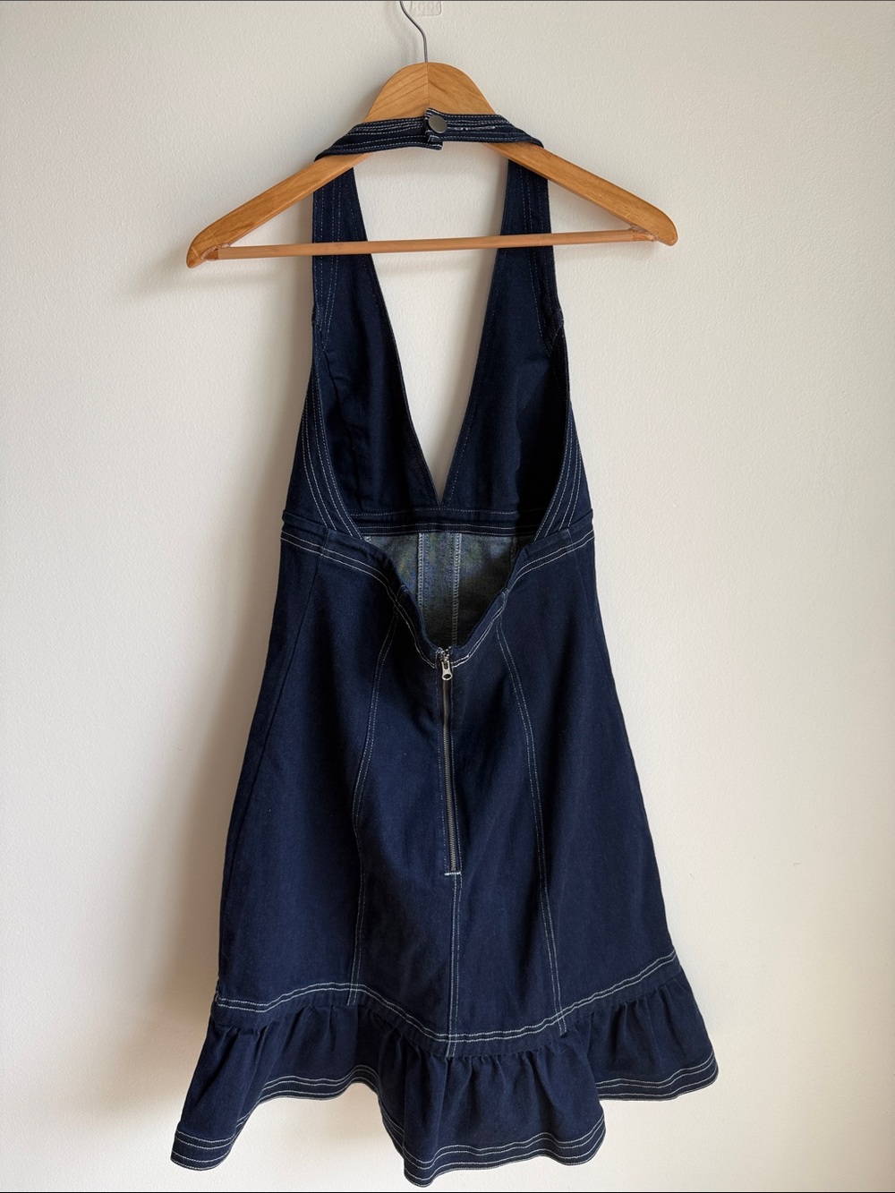 Pilero Anthropologie Halter Deep-V Saemed Open-Back Blue Denim Dress Sz Medium - Picture 2 of 7